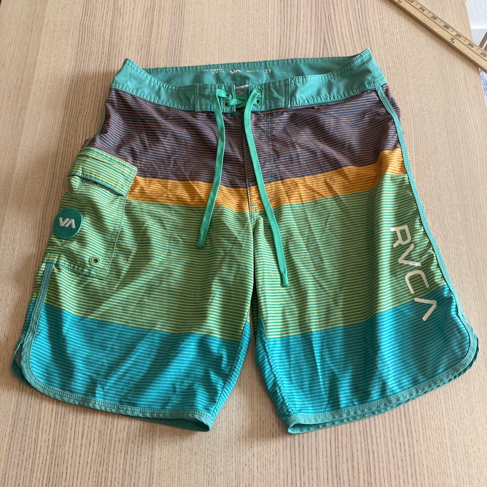 RVCA Board Shorts Mens 31 Teal Striped Performance Stretch Lace Up Swim Trunks